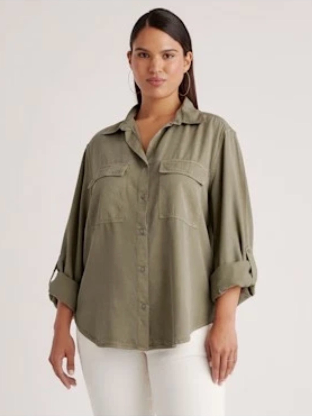 Quince Vintage Wash Tencel Utility Shirt Olive Green Long Sleeve Large Button Up